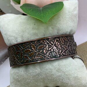 Cooper Vintage Engraved Leaf Designs Safety Chain Hinged Cuff Bracelet